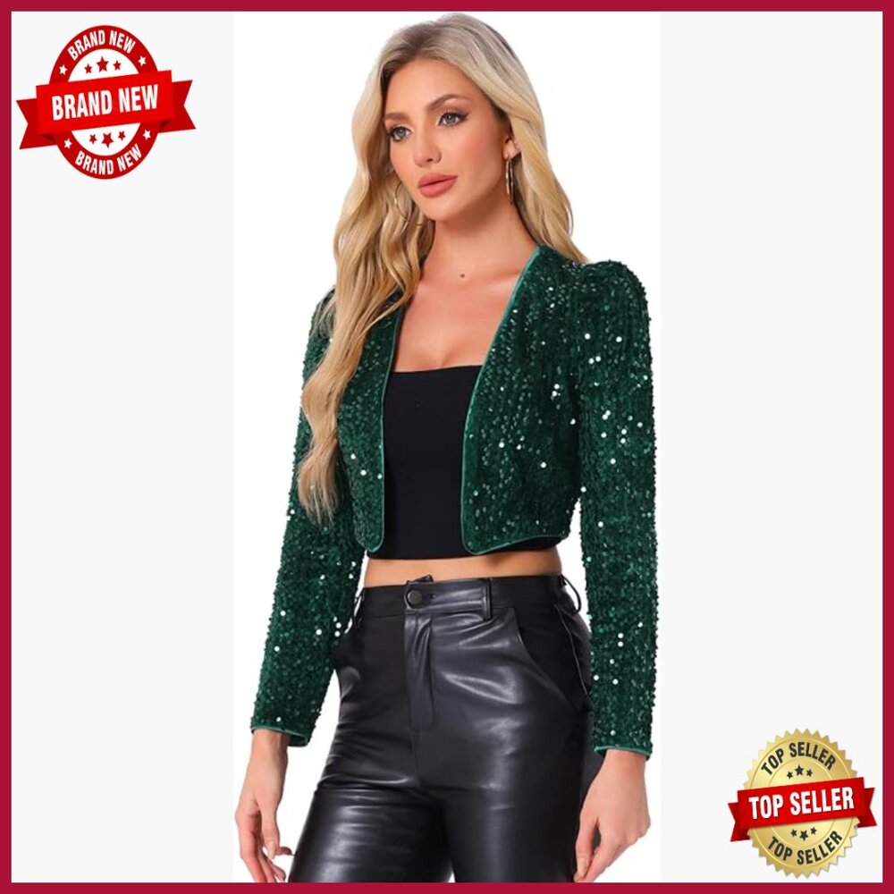 Sequin Crop Blazer Jacket Open Front Collarless Sparkly Puff Shoulder